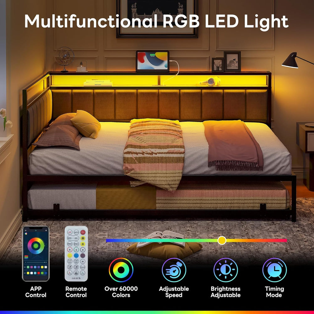LIKIMIO Full Daybed with Trundle, Charging Station & LED, Black