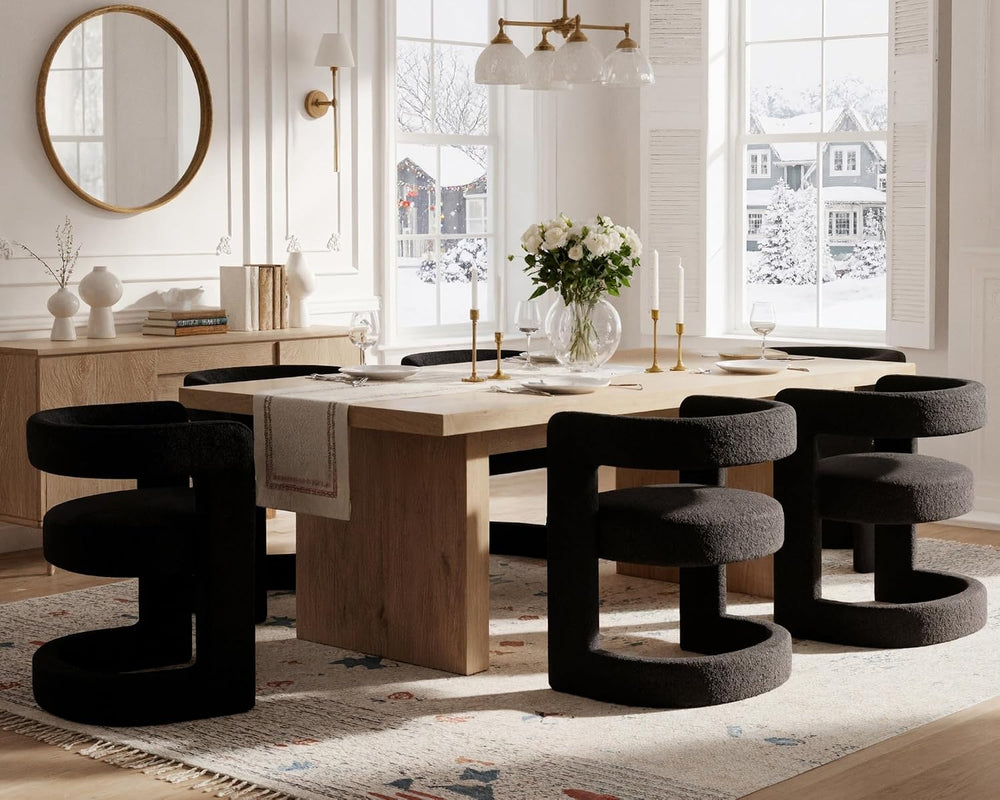 Black Barrel Dining Chairs Set of 6, Modern Boucle Upholstered Dining Room Ch...