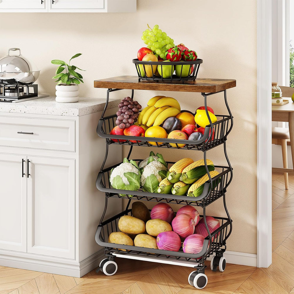 SAYZH 4-Tier Fruit and Vegetable Basket Stand for Kitchen, Wood Top, Black | ...