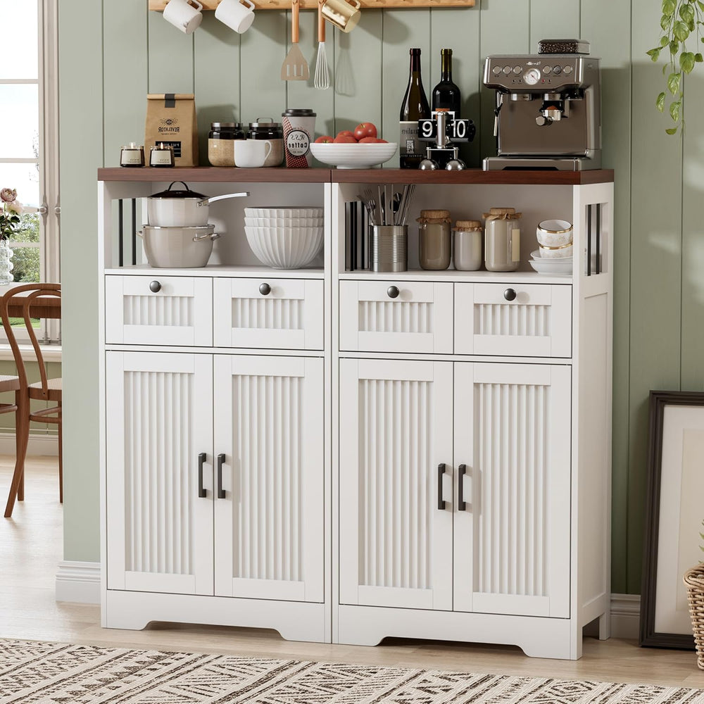 Buffet Cabinet, Fluted Sideboards with 2 Drawers and Doors, Open Compartment ...