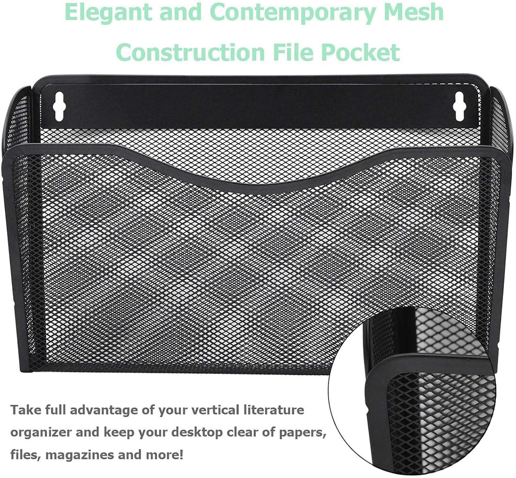 EASEPRES 3 Single Pocket Mesh Hanging File Organizer, Vertical Wall Mounted Magazine File Holder, Mount Basket Mail Paper Document Folder Organizing for Office, Home and School, Black