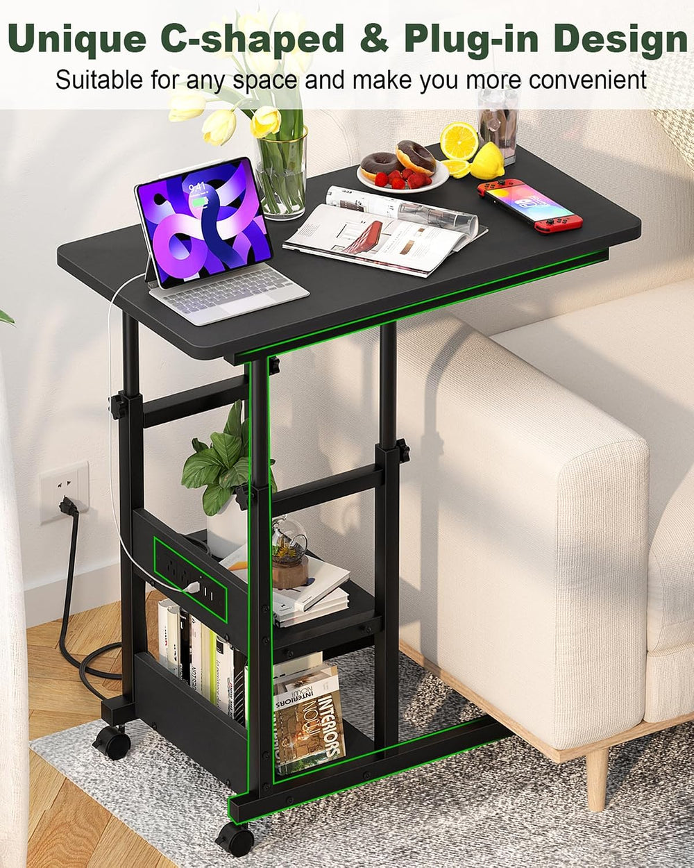 Armocity C Shaped End Table Height Adjustable - Couch Side Table with Chargin...