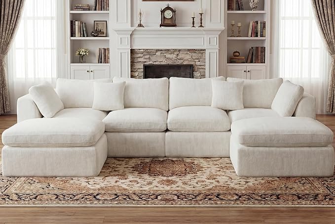 141'' Oversized Cloud Sectional Boneless Couch for Living Room, Modern Big Compressed U Shape Couch with 2 Ottoman 2 Throw Pillows, Comfy Chenille Deep Seat Memory Foam Spineless 6 Seater Sofa,Beige