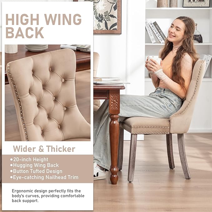 Mid Century Modern Dining Chair Set of 6 Velvet Upholstered Dining Accent Chair Farmhouse Dining Chairs with High Back and Nailhead Trim for Kitchen, Living Room, Bedroom (Khaki)