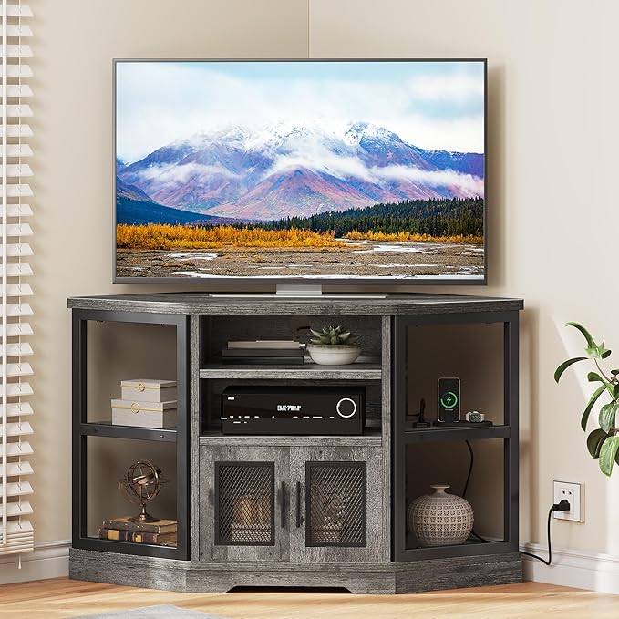 DWVO Corner TV Stand for TVs 50 Inch for Living Room, Modern Farmhouse Entertainment Center with Storage, TV Media Console Cabinet, Grey Oak