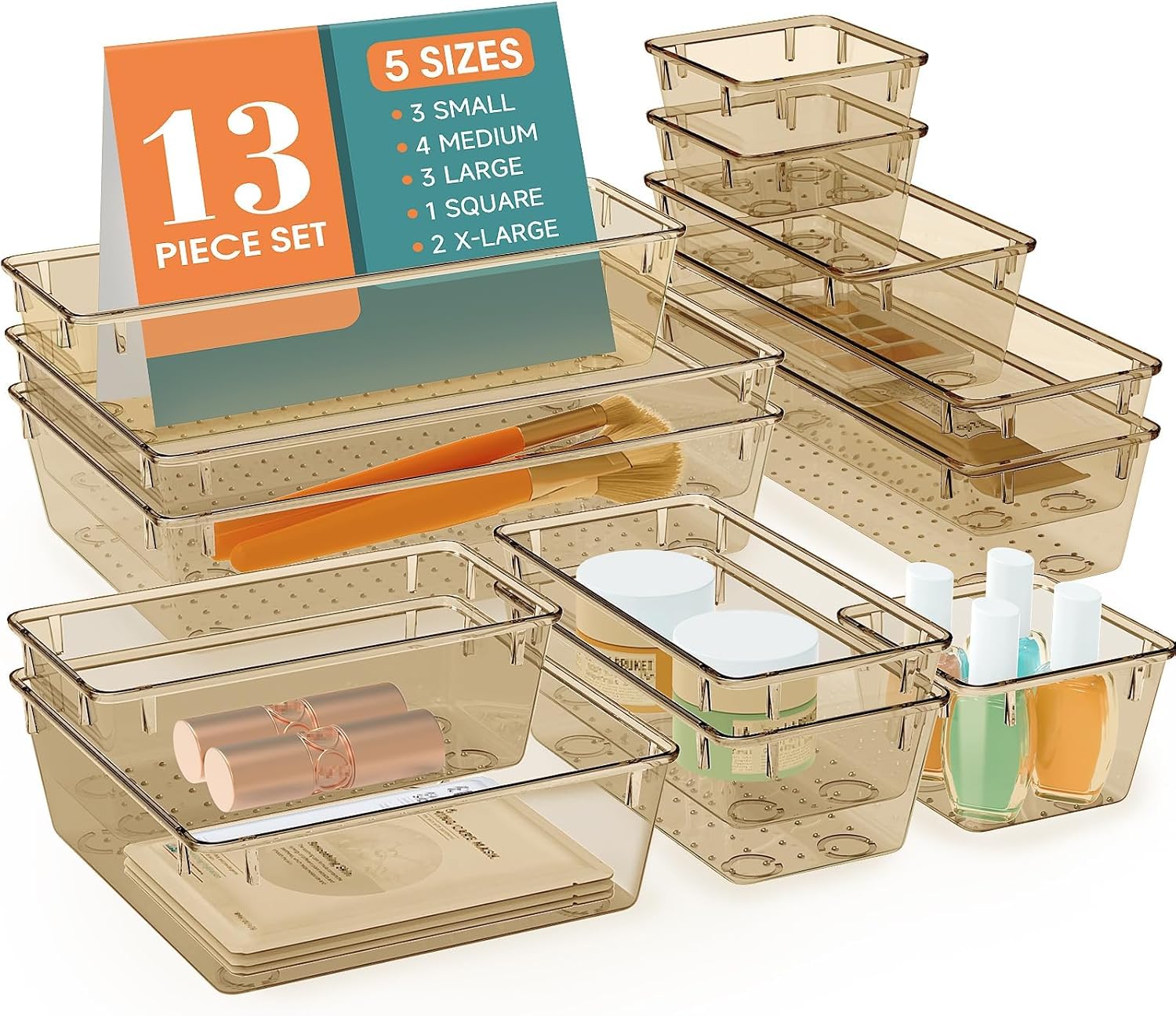 13 PCS Drawer Organizer Set, 5 Varied Size Bathroom and kitchen Drawer cabinet organizer Trays, Clear Storage Bins for Makeup, Jewelry, Utensils and Gadgets, Champagne