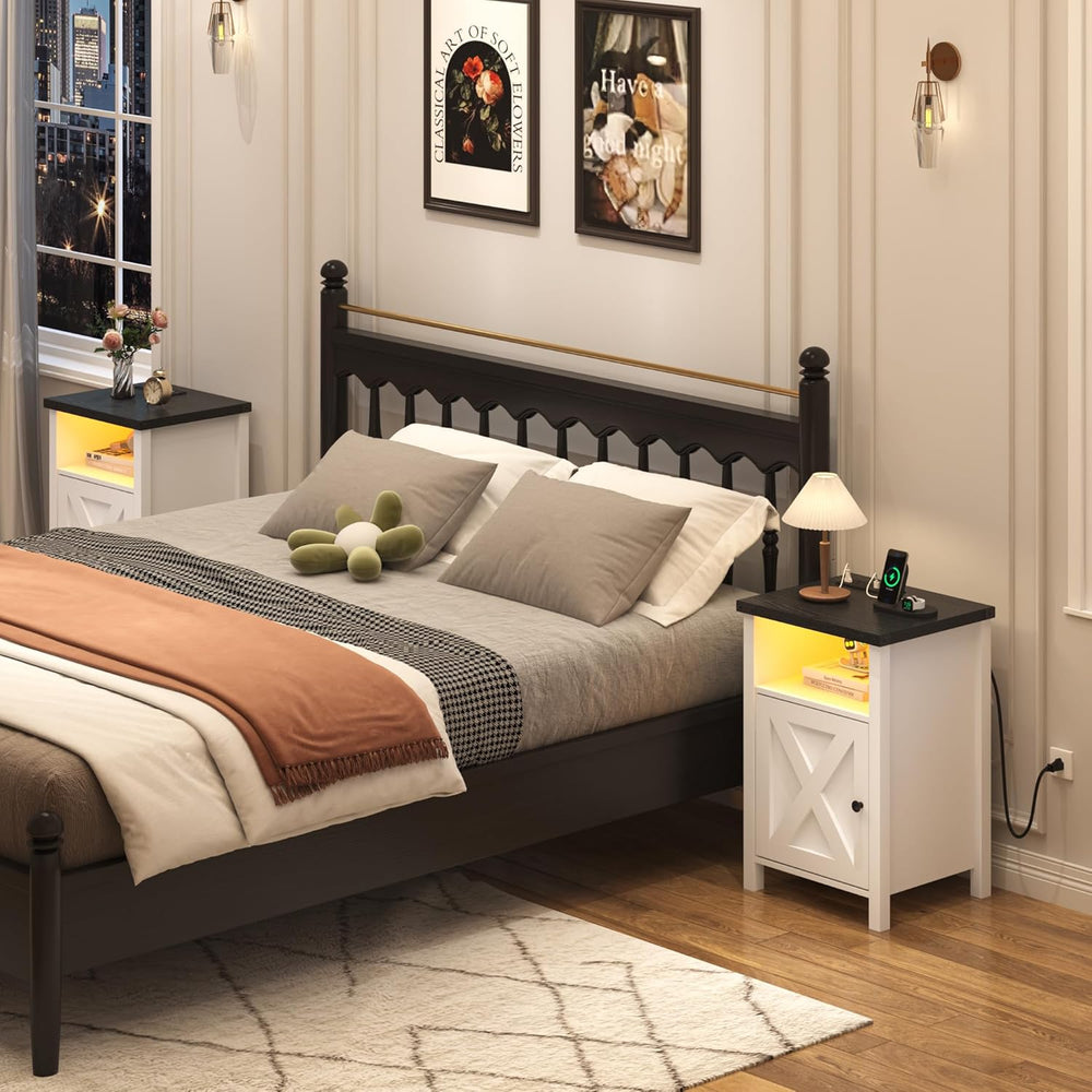 Hlivelood Farmhouse LED Nightstand Set of 2 with Charging Station, Rustic End...