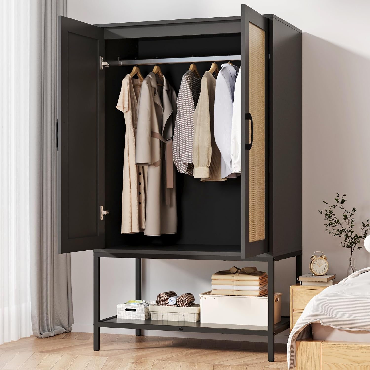 Wooden Wardrobe Closet, 2 Doors Rattan Almirah with Hanging Rail, Soft Hinge, Metal Leg and Bottom Storage Shelf, Practical Closet Organizer for Bedroom (Black)