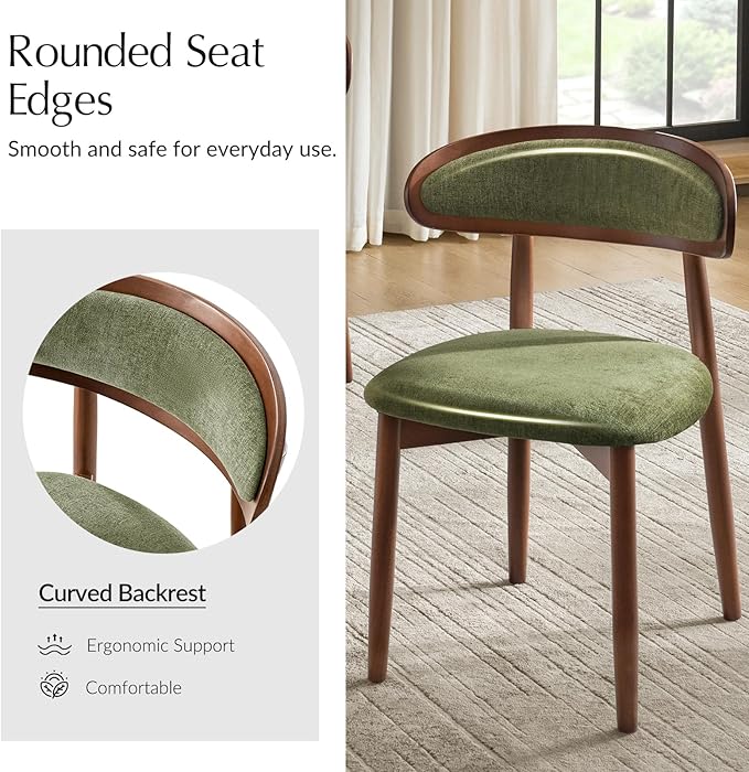 HULALA HOME Dining Chairs Set of 6 Mid-Century Modern Fabric Upholstered Dining Room Chairs Kitchen Side Chair with Open Curved Back, Walnut Rubber Wood Legs, Dinner Chairs for Living Room, Olive