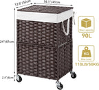 Chrislley 90L Slim Laundry Hamper with Wheels, Rolling Laundry Basket with Lid and Renovable Liner Bag, Handwoven Rattan Organizer for bedroom, bathroom, laundry room (Brown)