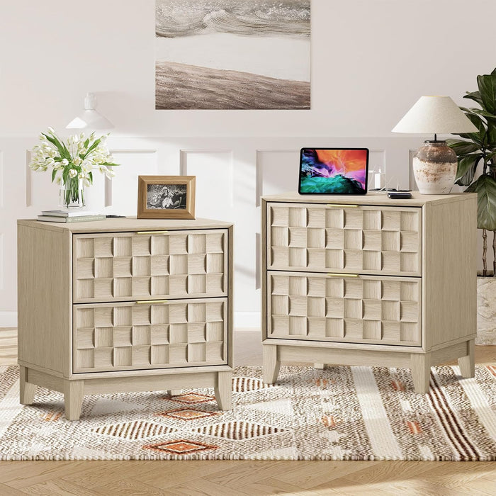 COLAMY Nightstand Set of 2, Night Stand with Charging Station, 2 Drawers Modern Bedside End Table Dresser, with Chessboard Relief and Wood Legs, for Bedroom, Closet and Small Space - Oak