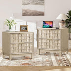 COLAMY Night Stand Set of 2, Nightstand with Charging Station, 22" Modern Bed Side Table with 2 Storage Drawers and Chessboard Relieffor Bedroom, Dorm and Small Spaces - Oak
