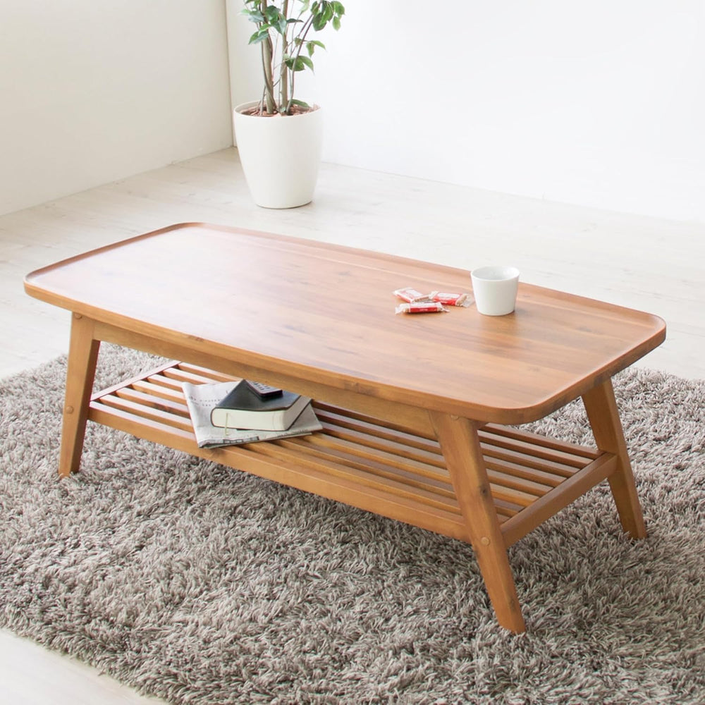AZUMAYA Tray Edge Natural Acacia Wood Coffee Table NET-615 with Under Rack St...