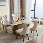 Velvet Dining Chairs Set of 6, Modern Tufted Dining Room Chair, Upholstered Dining Chairs with Lion Head Pulls Ring and Golden Solid Wood Legs, Luxury Kitchen Chairs for Dining Room, Beige