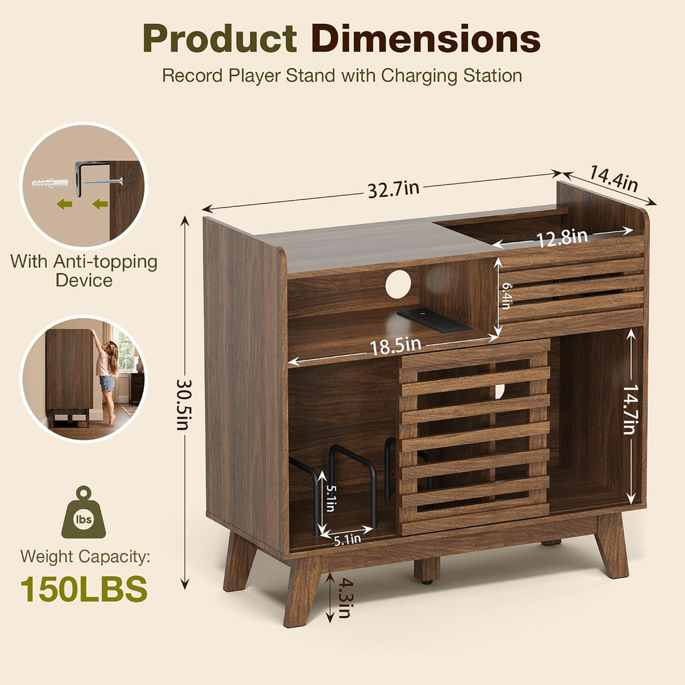 Large Record Player Stand with Charging Station, Mid Century Modern Record Pl...