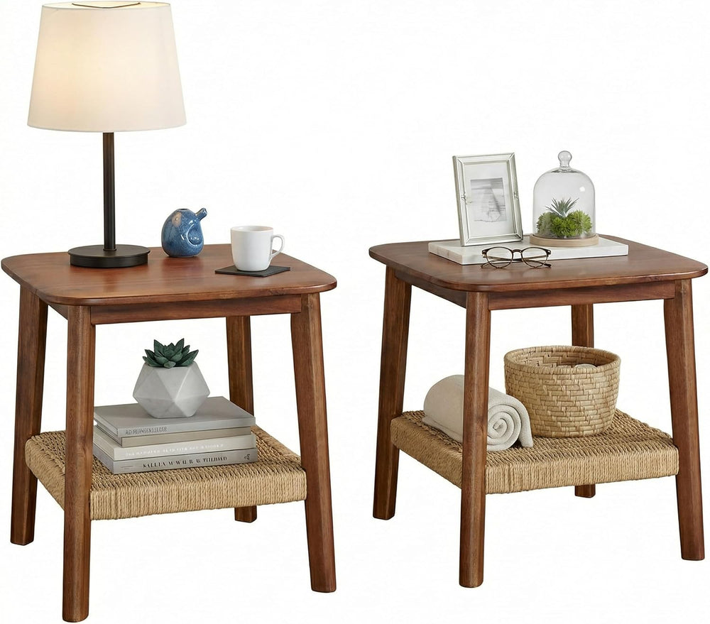 Alaterre Furniture Calais 2-Tier Solid Wood End Table with Woven Storage Shel...