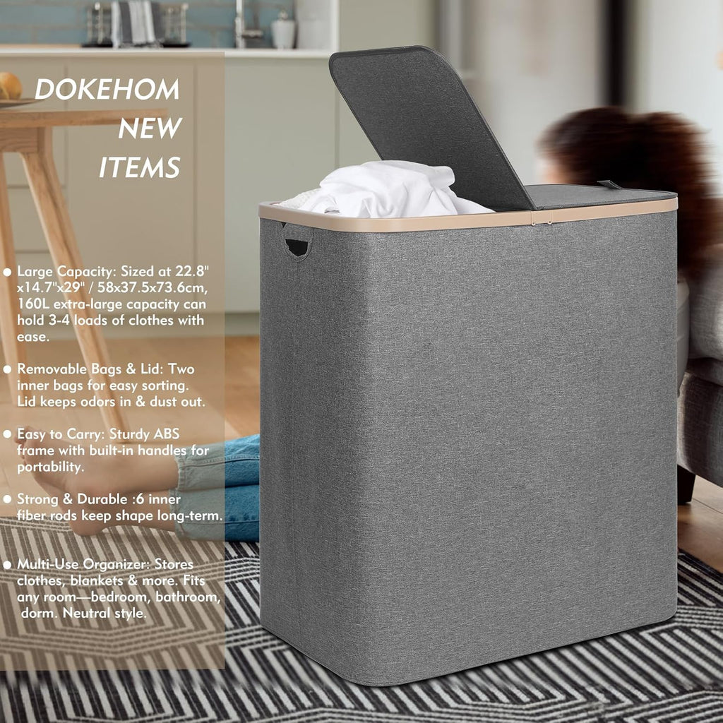 DOKEHOM 160L Double Laundry Basket with Removable Lid and Laundry Bags, Large Collapsible Laundry Hamper with 2 Sections (Grey)