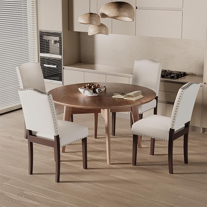 Upholstered Dining Chairs Set of 4 with Thickened Seat Cushion, Wooden Mid-Ce...