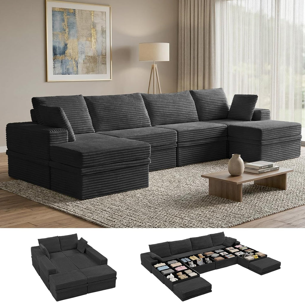 142'' Modular Sectional Sofa, Deep Seat Boneless Couch with Storage | Oversized High-Back for Living Room & RV | With Ottoman | High Density Foam & Corduroy | Tool-Free Assembly | Cozy Dark Gray