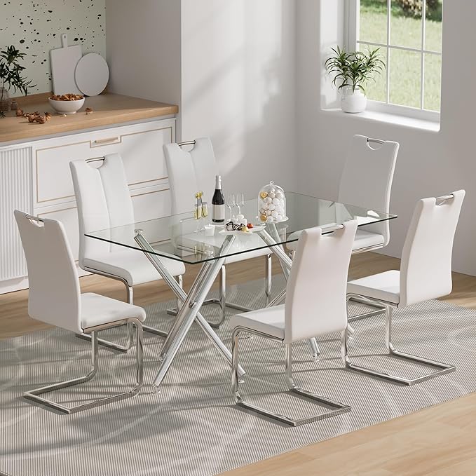 Goujxcy Dining Chairs Set of 2, Modern High Back Kitchen Chairs with Metal Legs and Faux Leather Padded Seat Upholstered Dining Chairs for Dining & Kitchen,Living Room (White&Silver, Set of 2)