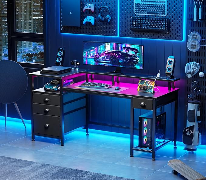Furologee 60" Black Computer Desk with 4 Drawers and Printer Space, Gaming Desk with LED Lights and USB Power Outlets, Home Office Desk with Fabric File Cabinet,Study Work Table with Shelf for Bedroom