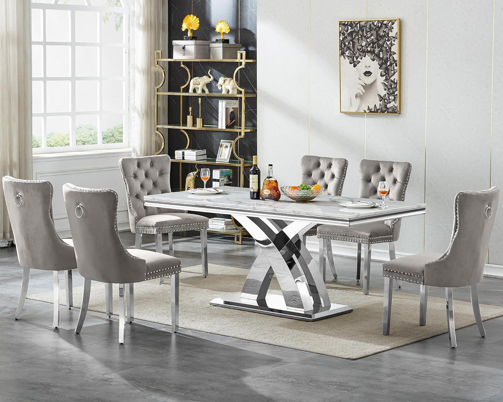 68" Marble Dining Table Set for 6, Modern Rectangle Dining Room Table Se...