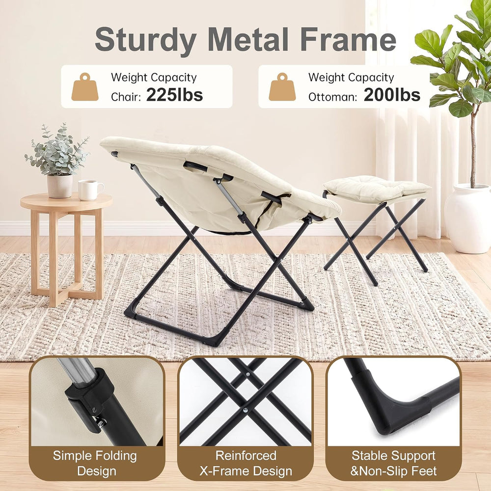 Saucer Chair with Ottoman, Foldable Living Room Chairs, Faux Fur Comfy Readin...