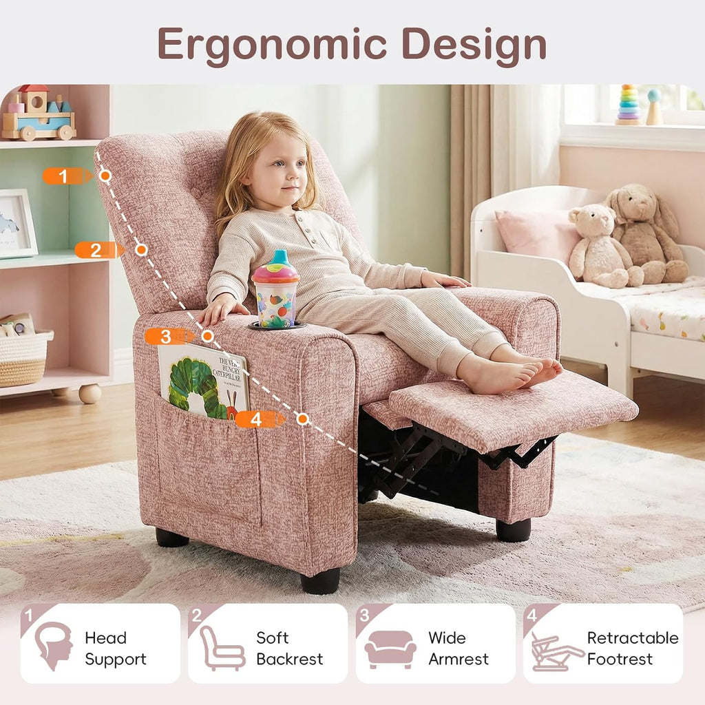 INFANS Kids Recliner, Toddler Lounge Chair with Adjustable Backrest Footrest Cup Holder Side Pockets, Velvet Leather Toddler Couch