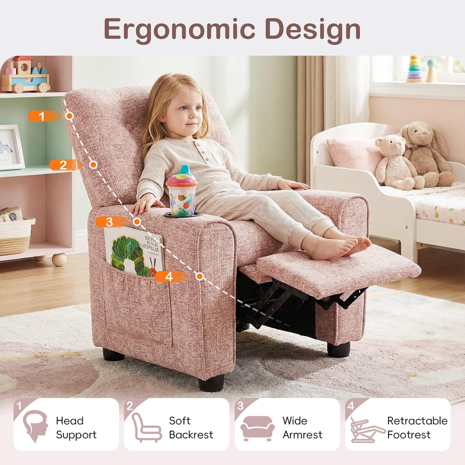 INFANS Kids Recliner, Toddler Lounge Chair with Adjustable Backrest Footrest Cup Holder Side Pockets, Velvet Leather Toddler Couch