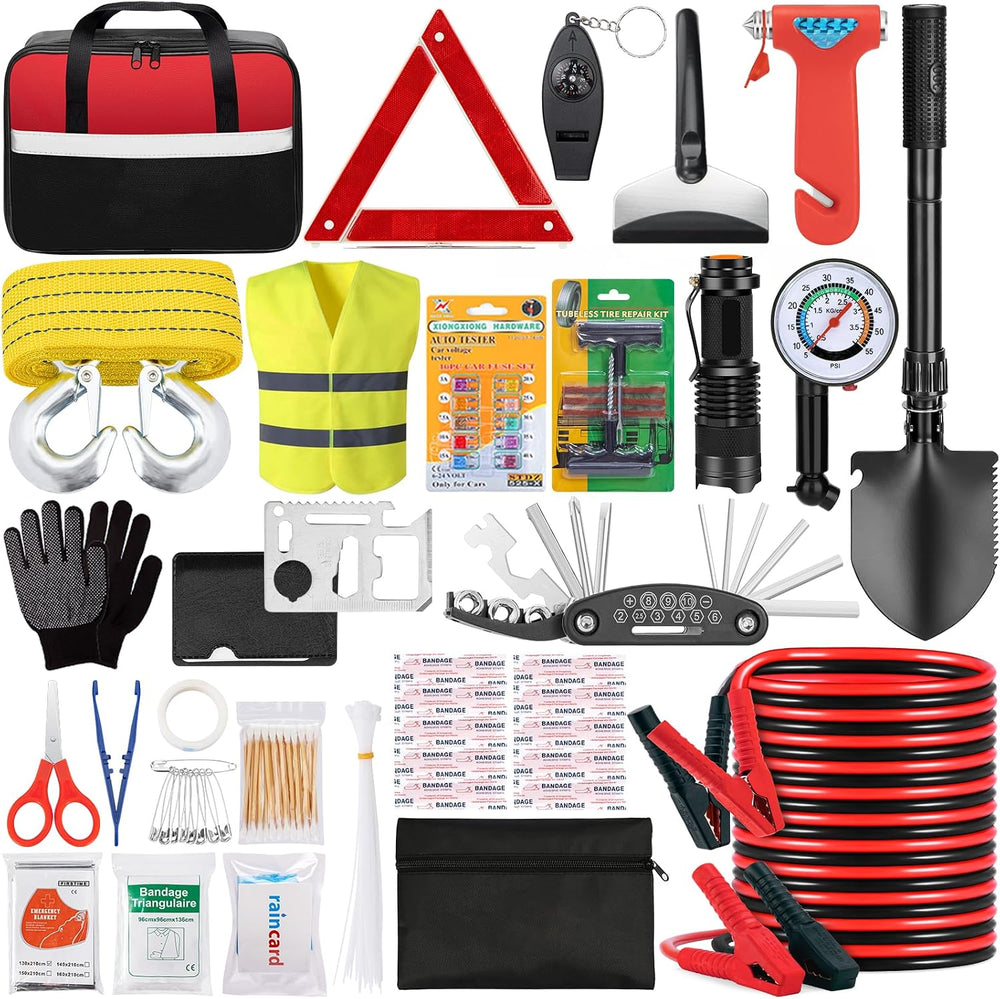 Car Roadside Emergency Kit - Car Emergency Kit with Jumper Cables, Tow Rope, ...
