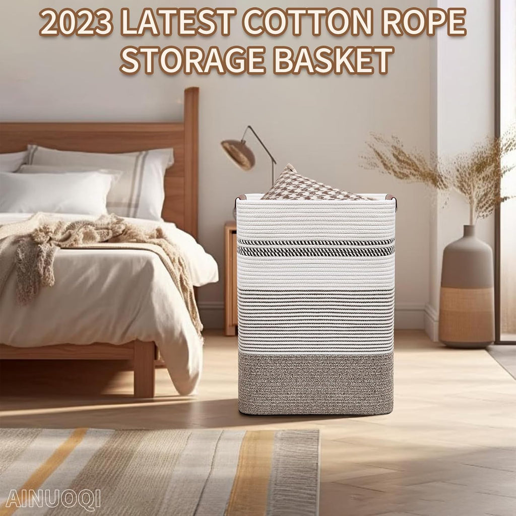 Laundry Hamper - Tall Woven Rope Laundry Basket - Clothes hamper with Leather Handles, 17.8" X 13.8" X 22", Blanket Storage Basket for Living Room, Rice Brown & White