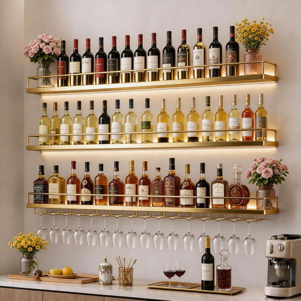 55in Wall Mounted Wine Rack, 3-Tier Metal Floating Bar Shelves with LED Light...