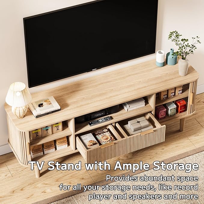 62.4 Inch Fluted TV Stand, Modern Media Console Table with Sliding Tambour Door Farmhouse Sideboard Buffet Cabinet Fits TVs up to 75 inch, Wood Entertainment Center for Living Room(Oak)