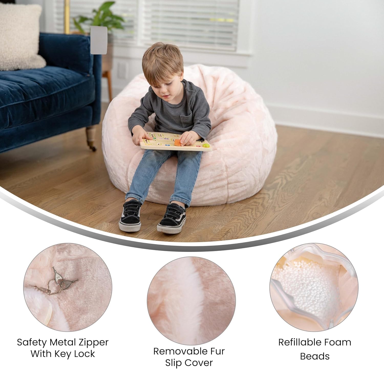 EMMA + OLIVER Daisy Small Blush Furry Bean Bag Chair for Kids and Teens
