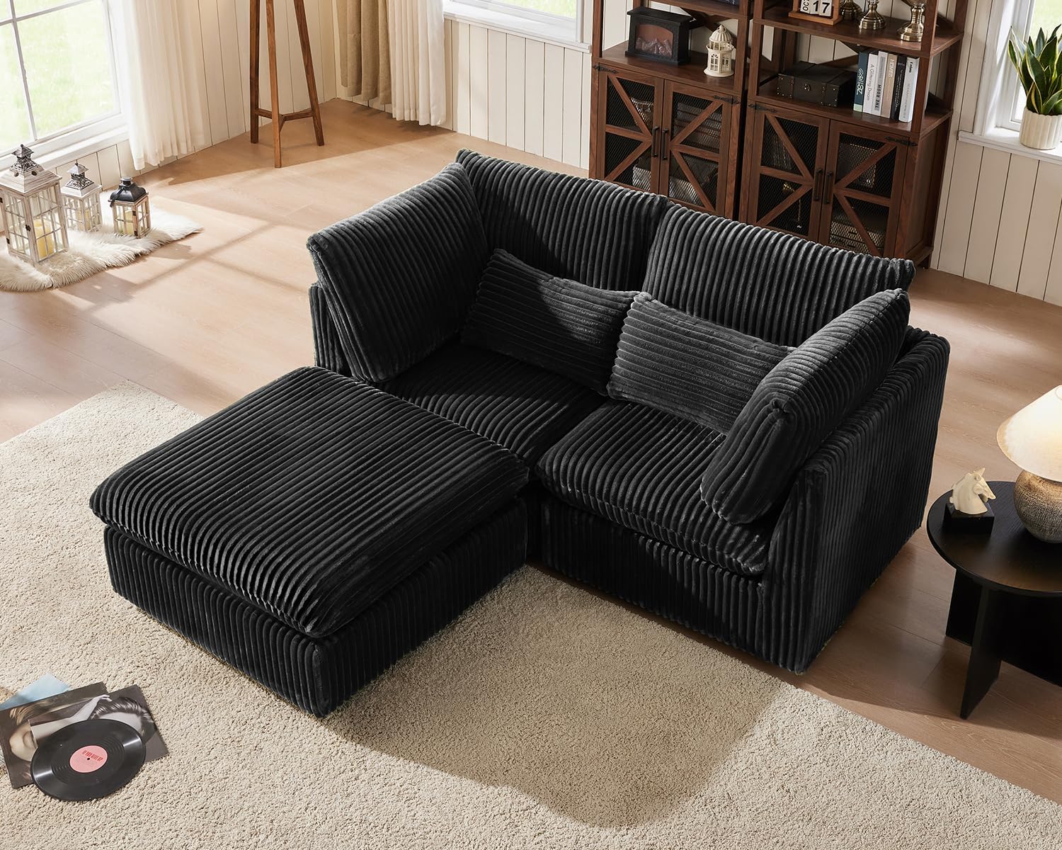 84" Oversized Corduroy Modular Sectional Sofa, Extra Deep 3-Seater Sofa Fluffy Cloud Couch with Ottoman, Sectional Sleeper Sofa for Living Room, L-Shaped, Plush Corduroy, Black