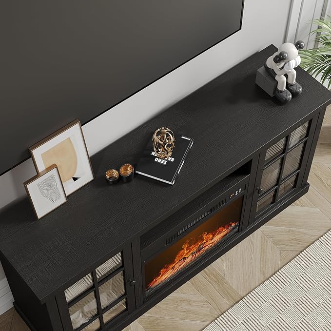 ONBRILL 59 Inch Fireplace TV Stand, Entertainment Center with 23 Inch Electric Fireplace, TV Table for TVs up to 65 Inches, Media Console Cabinet with Storage and Glass Doors for Living Room, Black