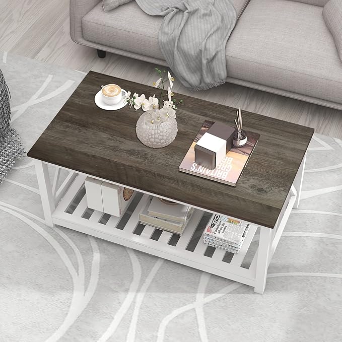 Farmhouse Coffee Table for Living Room, 2-Tier Rectangular Wooden Centre Cocktail Table with Slats Shelf Storage and V-Shaped Frame, Dark Oak