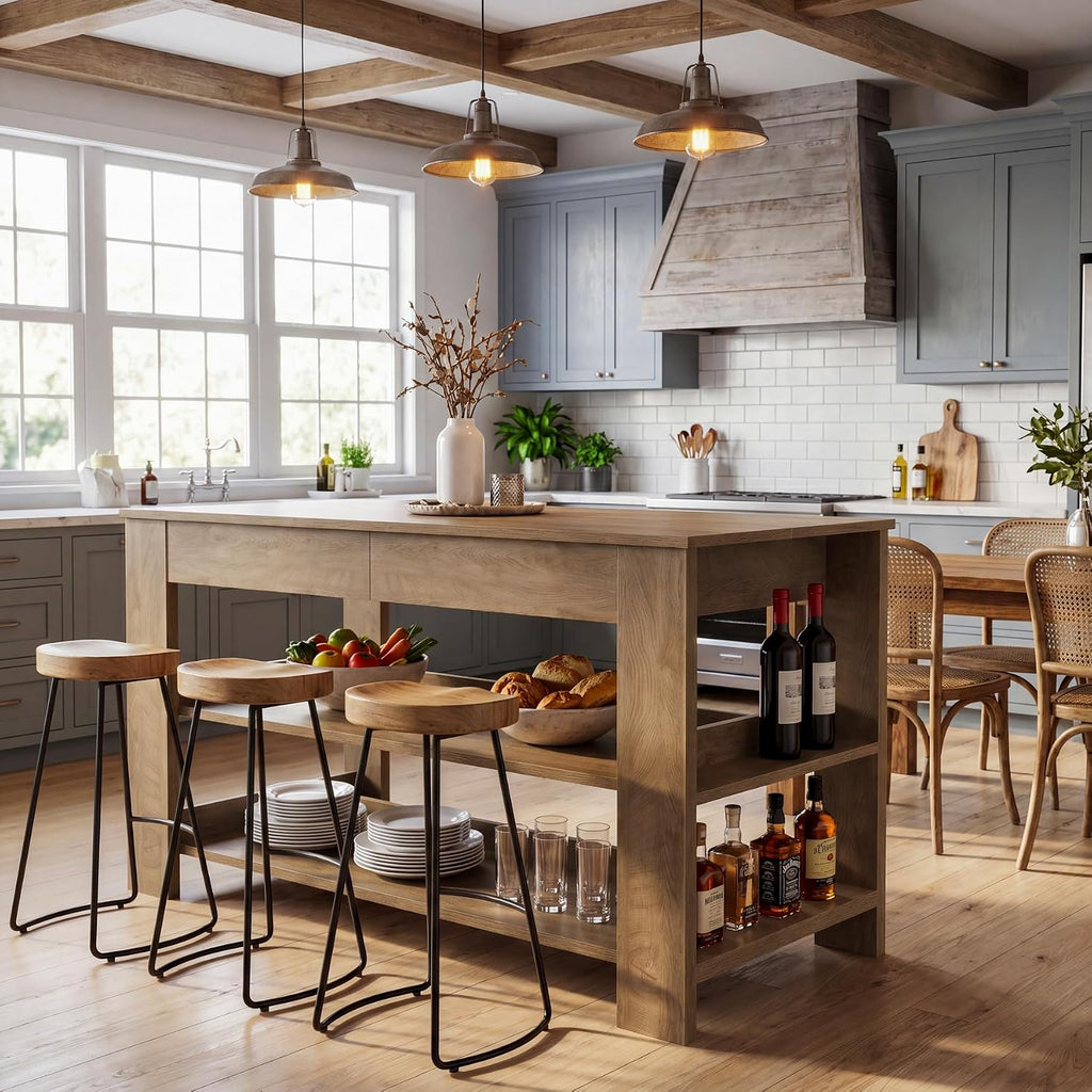 Tribesigns 55" Kitchen Island with Drawers, 2-Tier Farmhouse Wood Stationary Island Table with Storage and Open Shelf, Coffee Bar Table for Kitchen, Dining Room, Small Space, Brown
