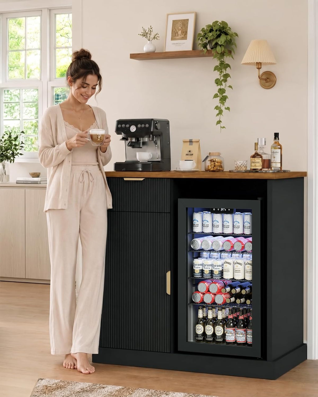 Otterease 39" Fluted Coffee Bar with Fridge Space & Power Outlet, Black | Mini Fridge Cabinet, Mini Fridge Compatible, Wine Bar Cabinet with Power Outlet, Adjustable Shelf, Buffet Sideboard, Home Bar