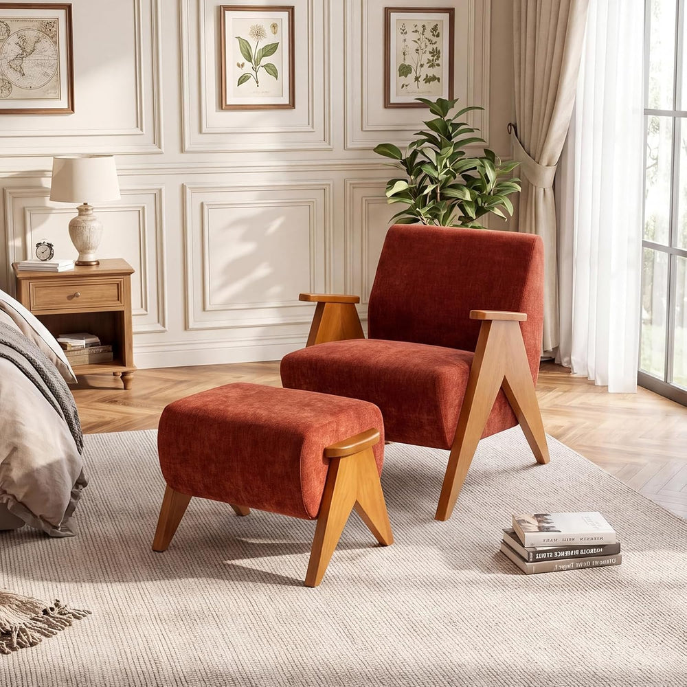 Linen Padded footstools Mid Century Modern Ottoman with Wood Frame, Lounge Up...