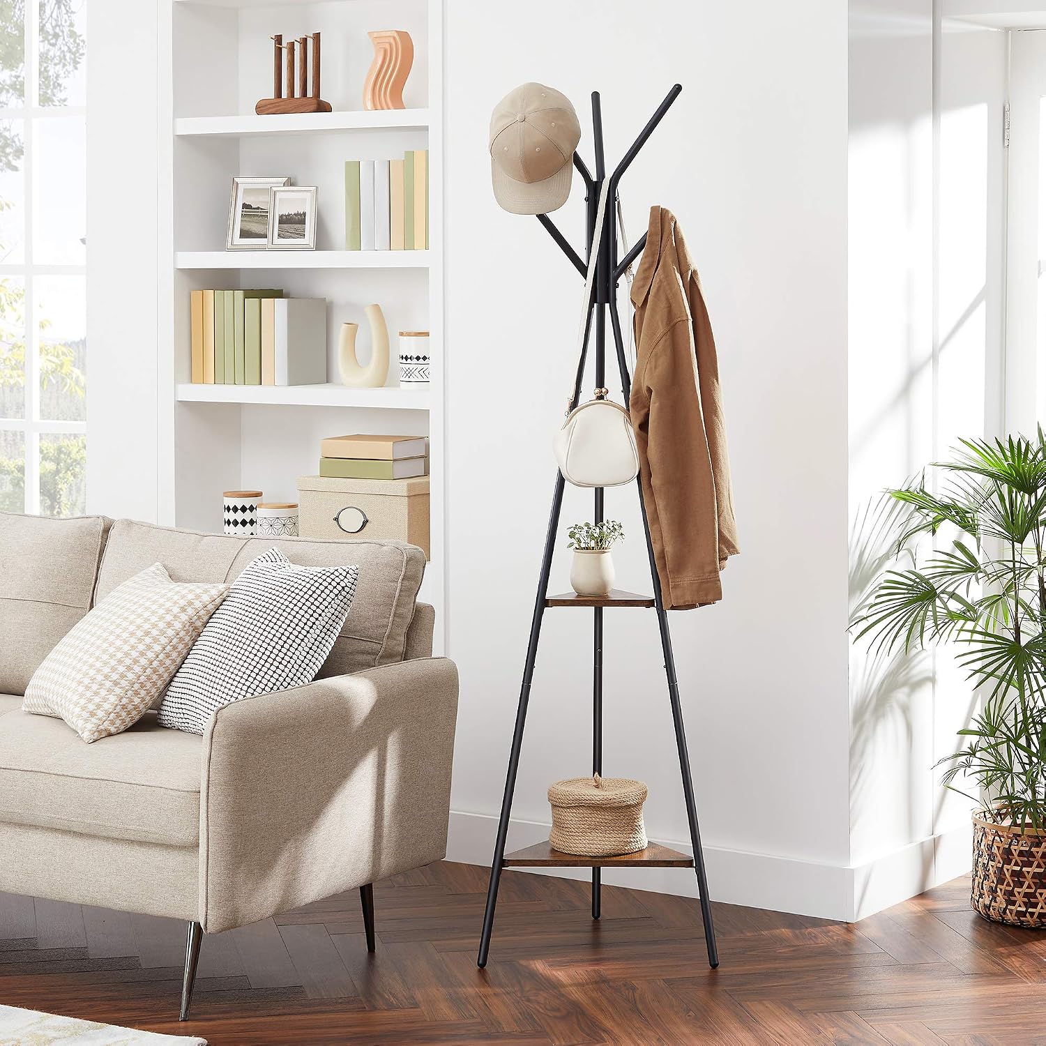 VASAGLE Coat Rack Freestanding, Coat Hanger Stand, Hall Tree with 2 Shelves, for Clothes, Hat, Bag, Industrial Style, Rustic Brown and Black URCR16BX
