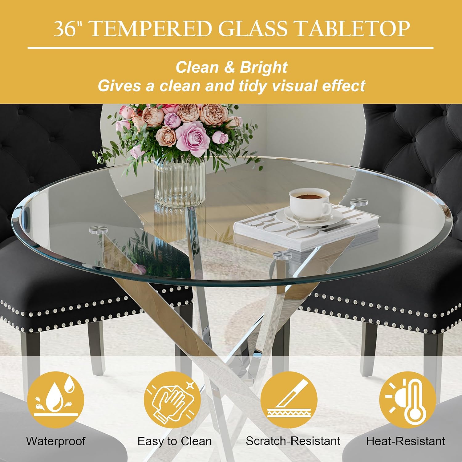 5-Piece Glass Dining Table Set for 4, Include 36" Round Tempered Glass Kitchen Table and 4 Black High Back Chairs for Dining Room, Living Room (Silver Table Legs)