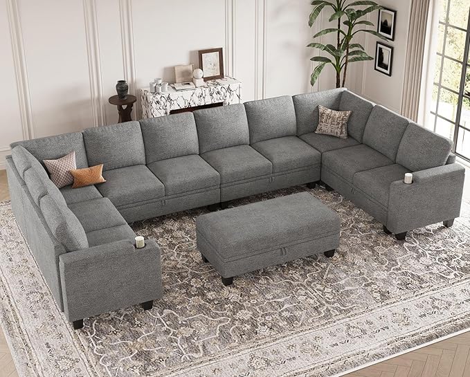 Belffin Oversized U Shaped Modular Sectional Couches for Living Room 10 Seater Modular Sofa Set with Storage Ottoman Large Sectional Couch with Cup Holder. Light Grey Sofa
