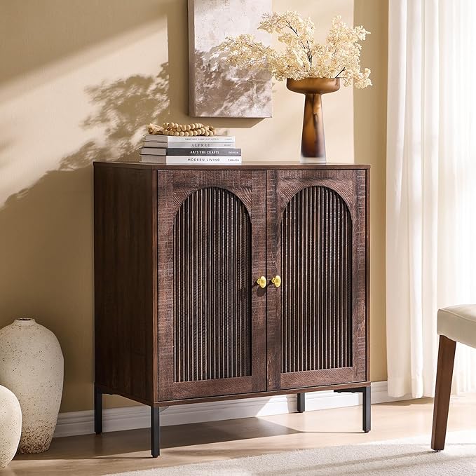 Modern TV Stands for 65 Inch TVs, 34" Tall Wood Entertainment Center w/Adjustable Shelves, Mid Century Modern TV Stand w/Arched Fluted Doors, Media Console Cabinet for Living Room, Brown