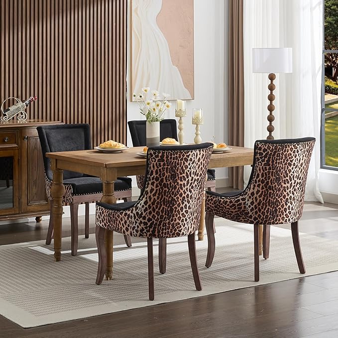 Dining Chairs Set of 2, Kitchen & Dining Room Chairs, Leopord Fabric Upholstered Dinning Chairs, Sillas De Comedor, Nailhead Trim, Wood Legs (Leopord, 2 Pcs)