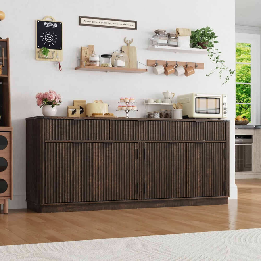 70” Rounded Edge Large Sideboard Buffet Cabinet with 3 Storage Drawers,Farmho...