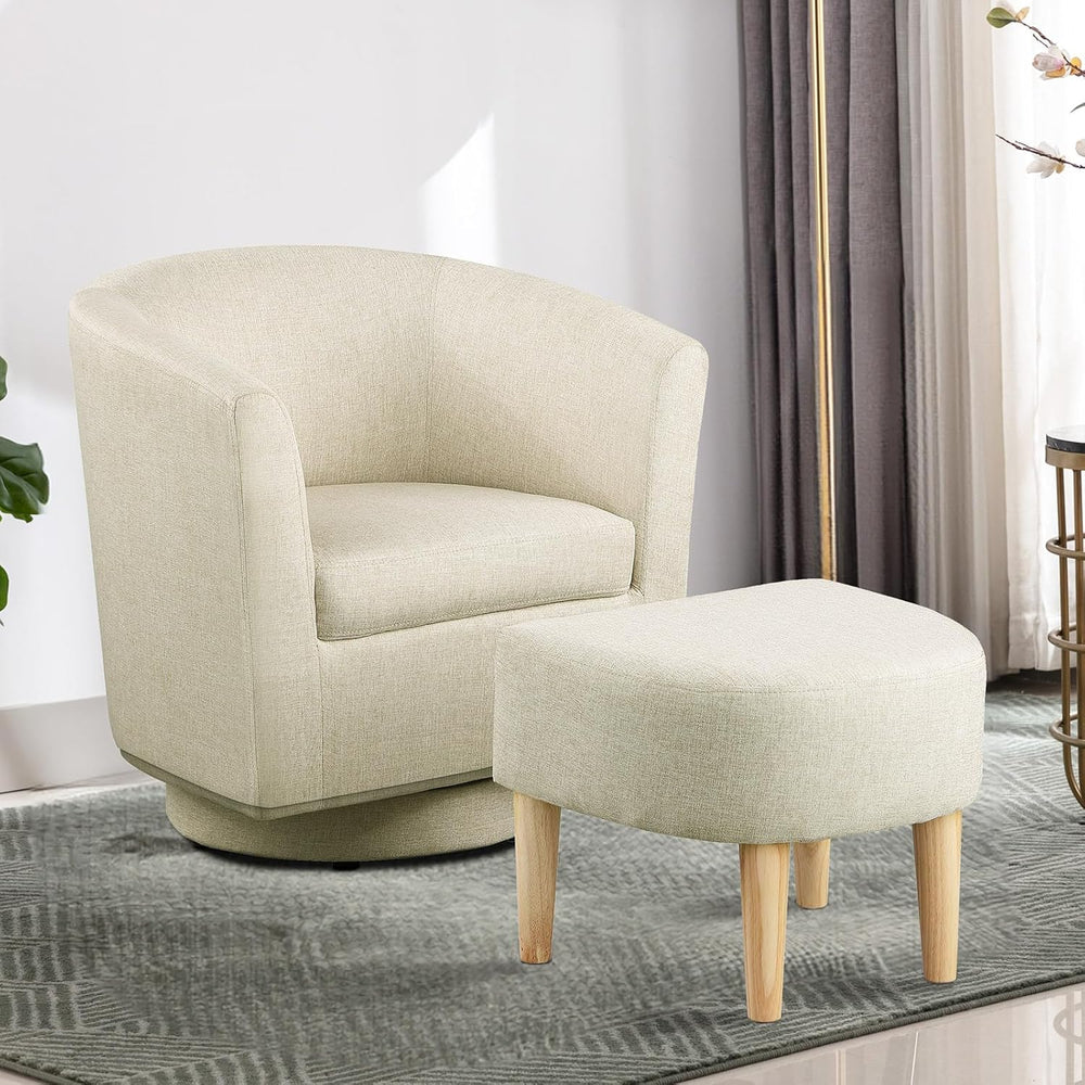 DAZONE Beige Swivel Accent Chair with Ottoman, Comfy Barrel Armchair for Smal...