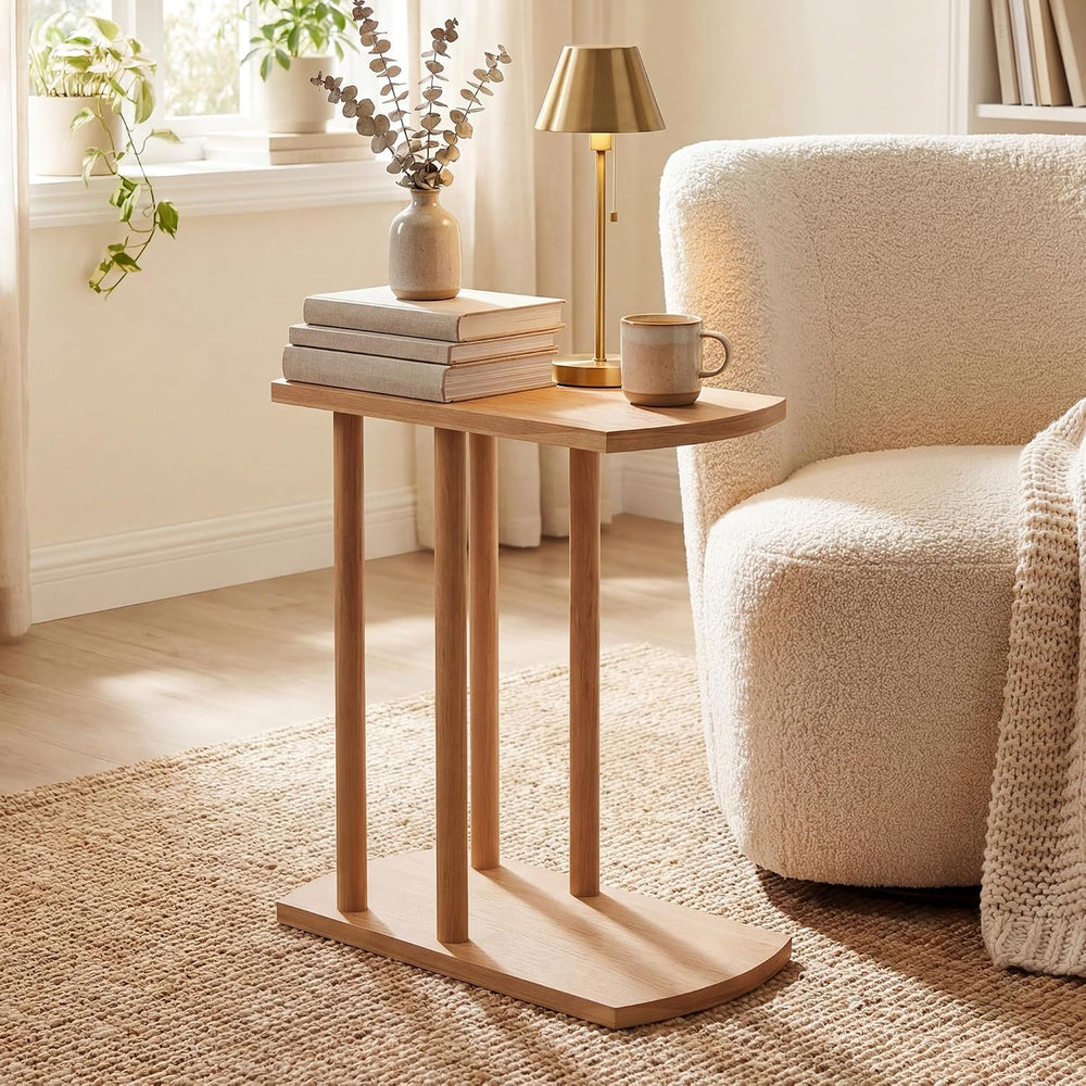 COSTWAY Solid Teak C-Shaped Side Table, Natural Slim 2-Tier End Table with Th...