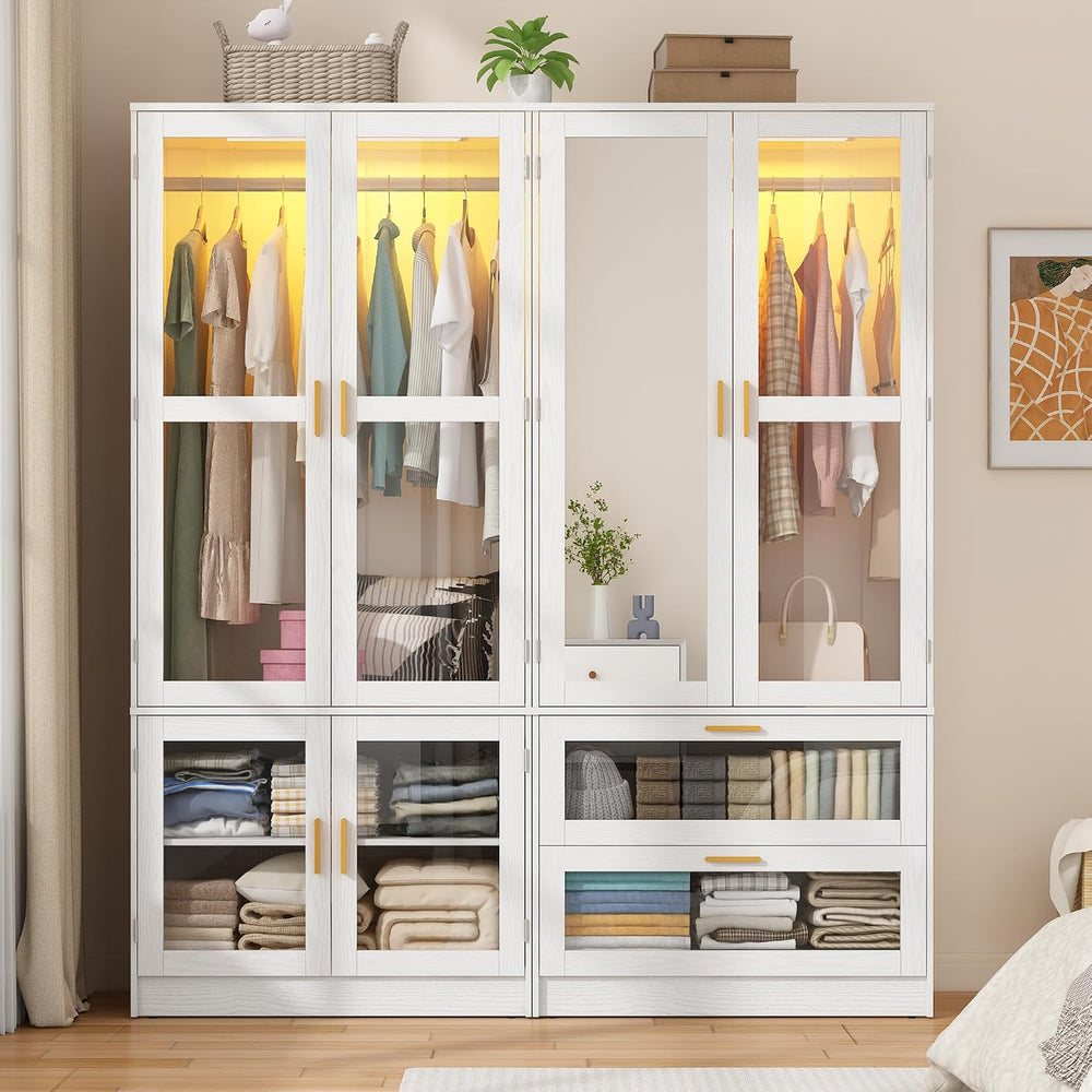 4 Doors Armoire Wardrobe Closet with LED and Mirror,71" H Freestanding W...