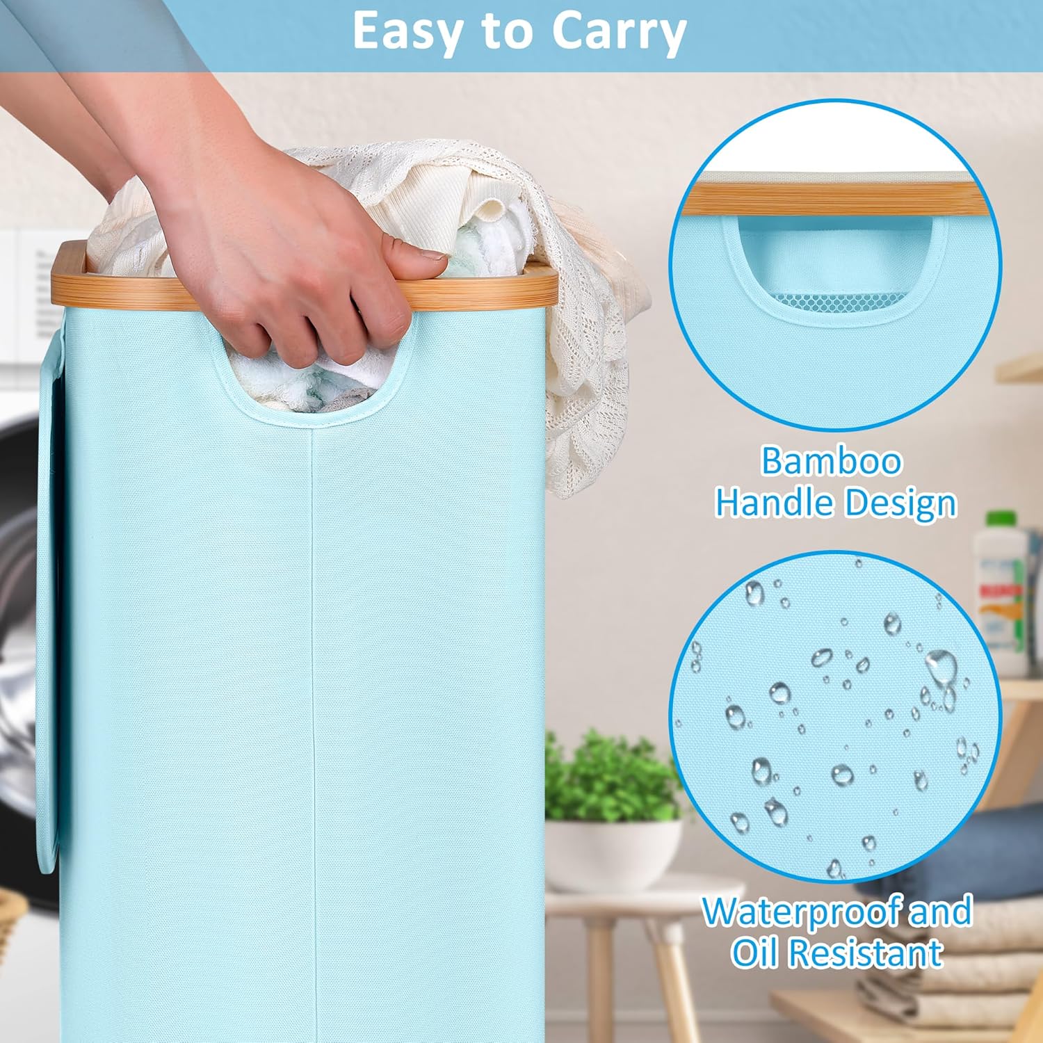 efluky Laundry Basket with Wheels, Tall Rolling Laundry Hamper with Lid and Removable Bag, Aesthetic Dirty Clothes Hamper on Wheels for Laundry Room, Bedroom, Dorm and Bathroom, 75L Glacier Blue